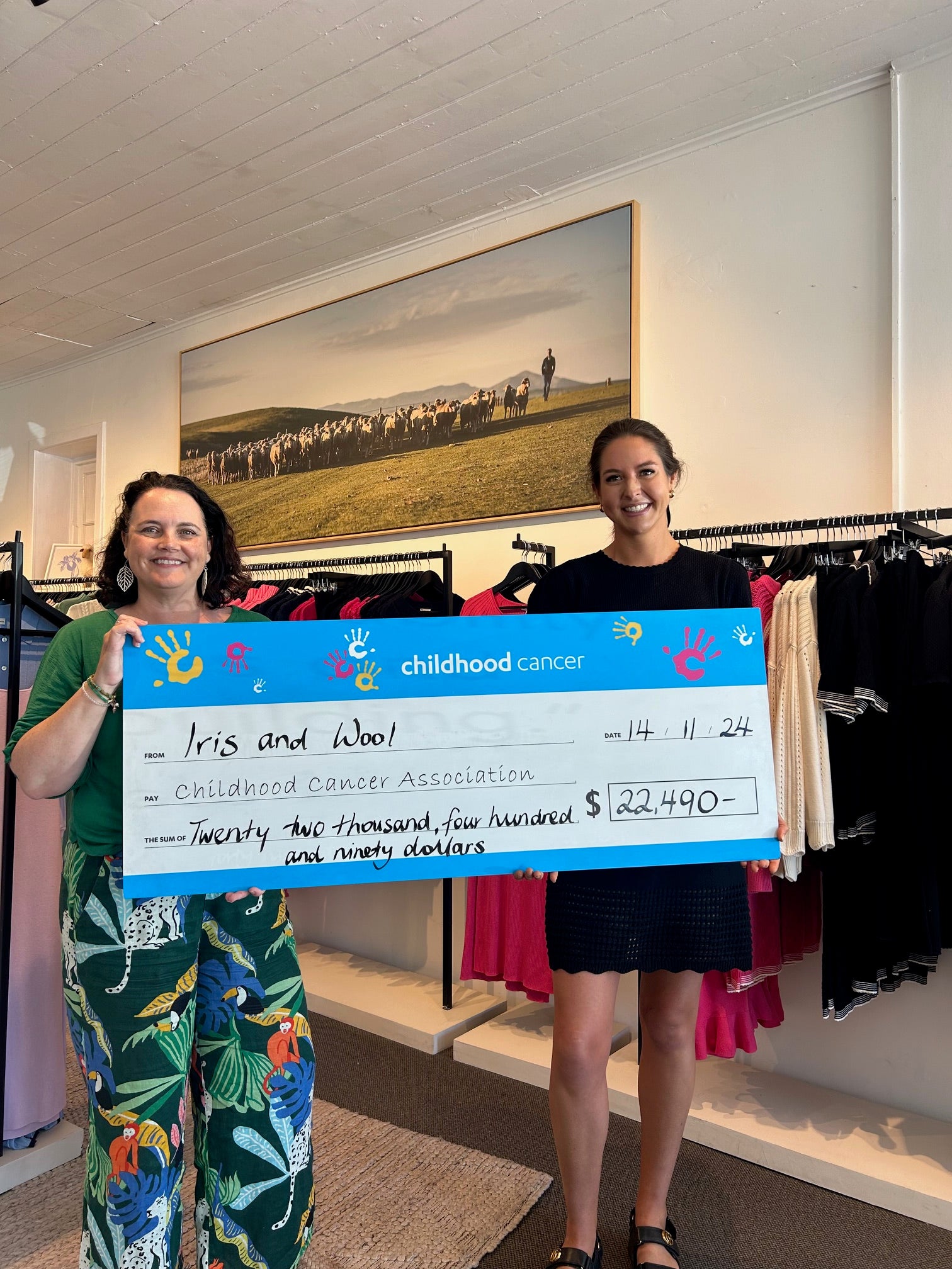 Emily Riggs, founder of Iris & Wool, donating funds to the Childhood Cancer Association as part of the brand’s commitment to giving back.