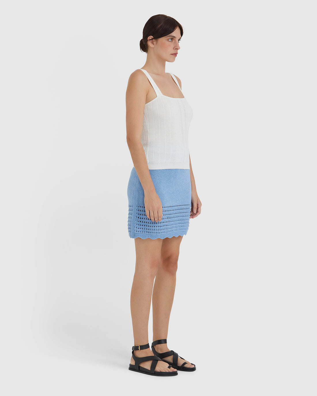 Side view of merino wool silk cami with pointelle detail.