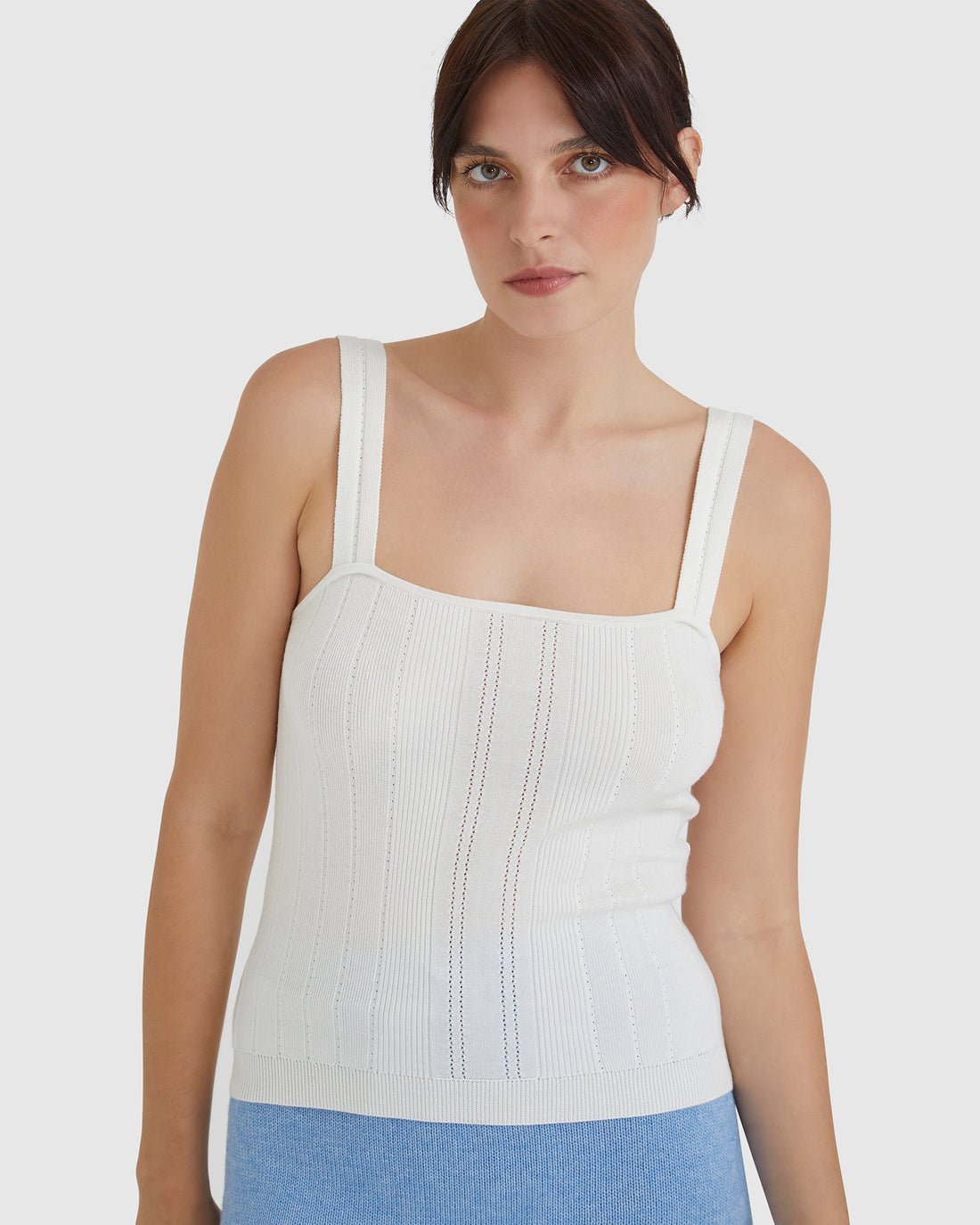 Isla ribbed cami top in white with pointelle strap detail.