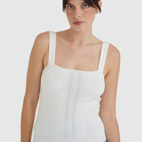 Isla ribbed cami top in white with pointelle strap detail.