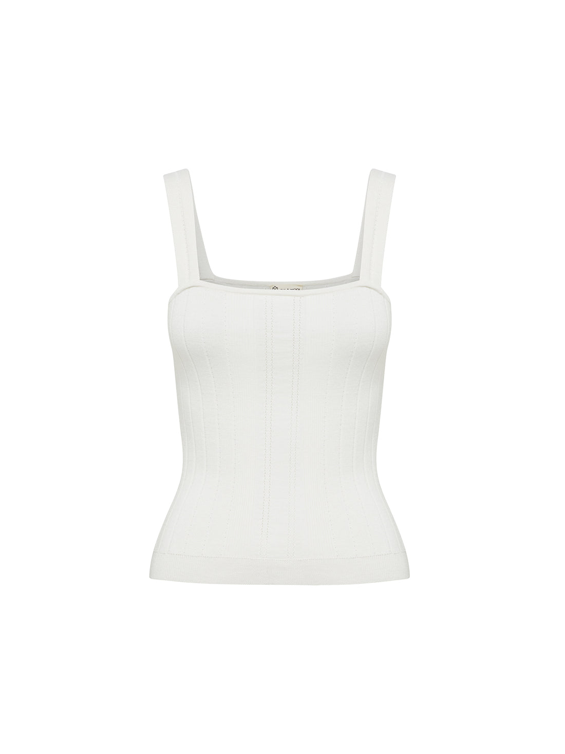 Close-up of ribbed silk wool cami with delicate pointelle straps.