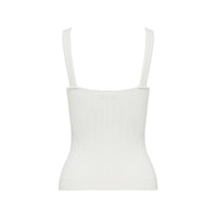 Close-up back view of ribbed silk wool cami with delicate pointelle straps.
