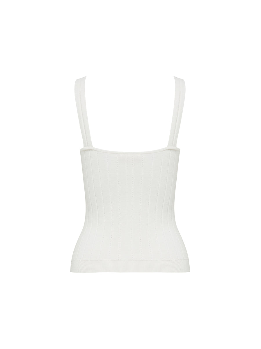 Close-up back view of ribbed silk wool cami with delicate pointelle straps.
