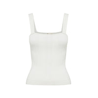 Close-up of ribbed silk wool cami with delicate pointelle straps.