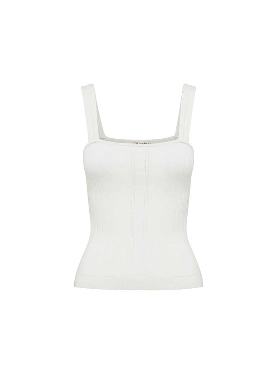 Close-up of ribbed silk wool cami with delicate pointelle straps.