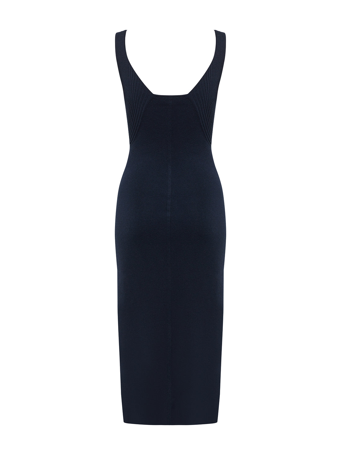 Back view of Navy wool knit dress featuring a tank silhouette with refined ribbed detailing.