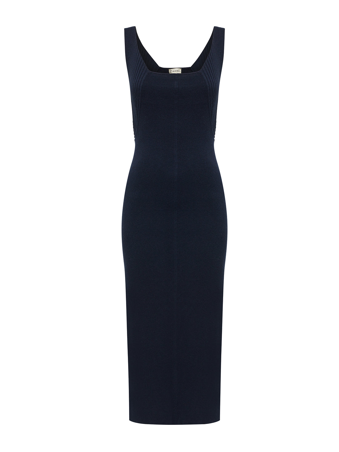 Navy wool knit dress featuring a tank silhouette with refined ribbed detailing.