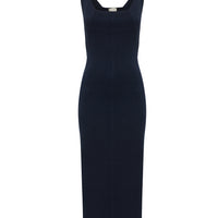 Navy wool knit dress featuring a tank silhouette with refined ribbed detailing.