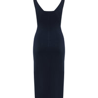 Back view of Navy wool knit dress featuring a tank silhouette with refined ribbed detailing.