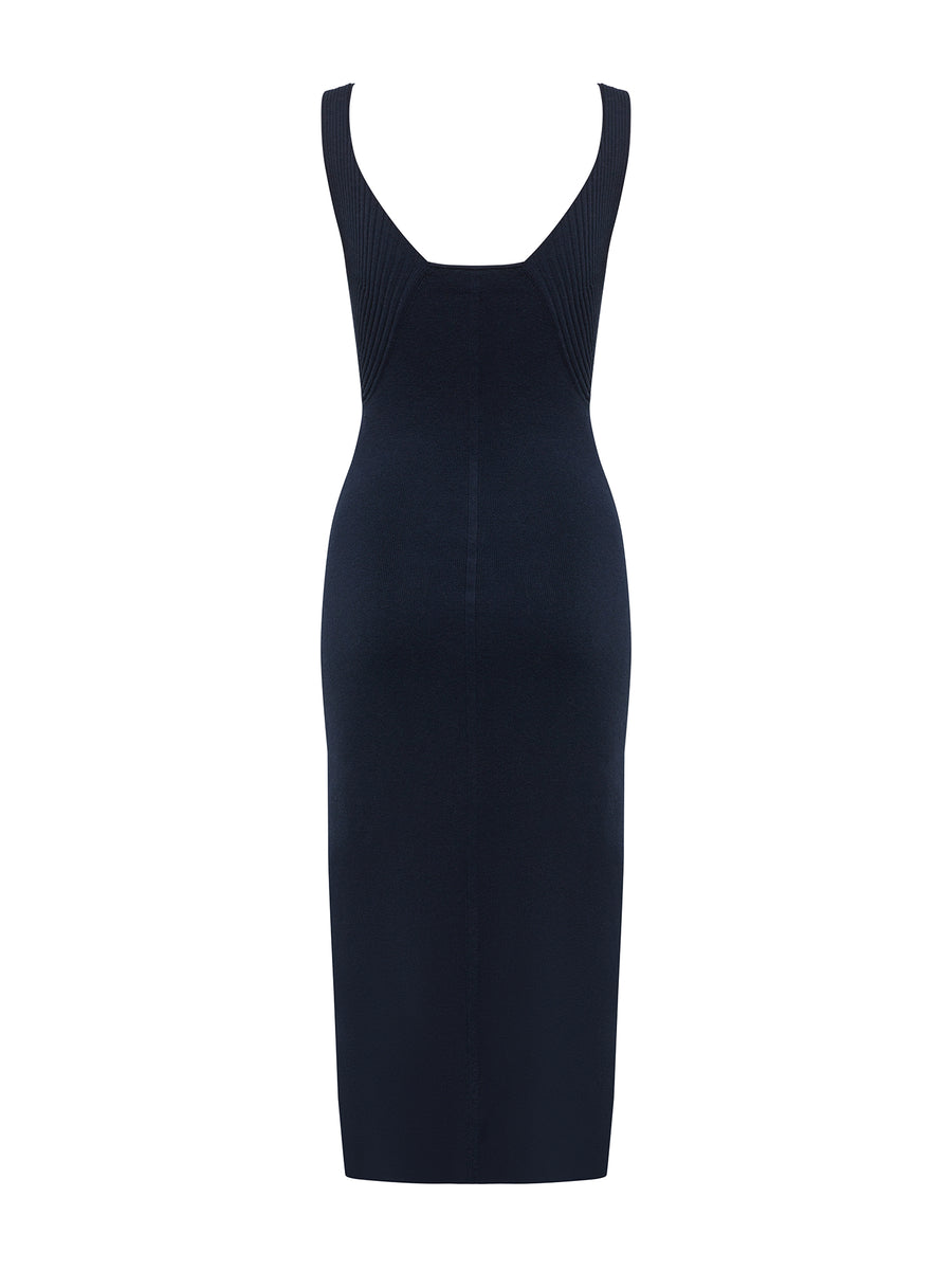 Back view of Navy wool knit dress featuring a tank silhouette with refined ribbed detailing.