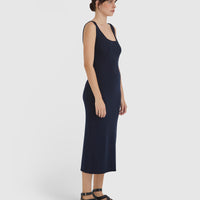 Minimalist merino wool dress in navy, ideal for modern style.