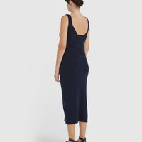 Wool knit dress with tank silhouette and ribbed accents in navy