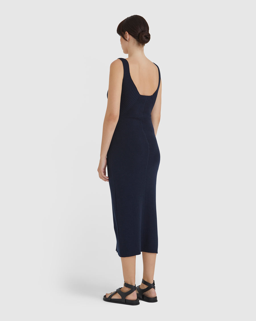 Wool knit dress with tank silhouette and ribbed accents in navy