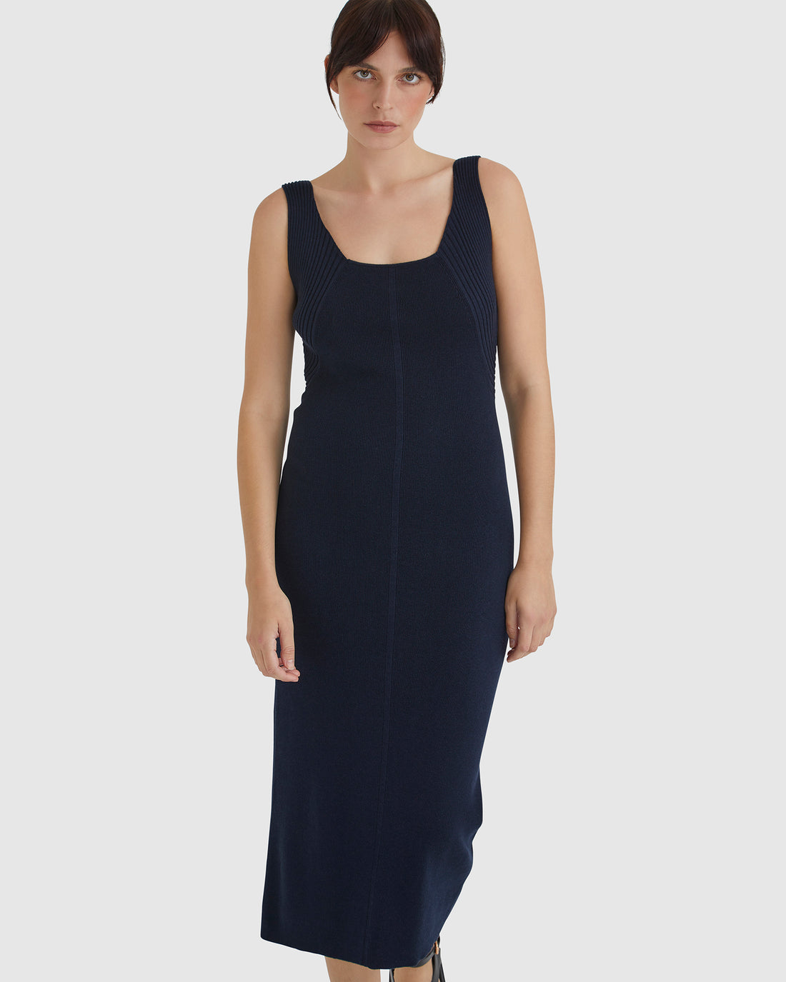 Navy Jessica Rib Tank Wool Dress with contrast rib detailing.