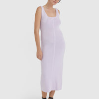 Minimalist wool knit dress in lilac with 90s-inspired rib details.