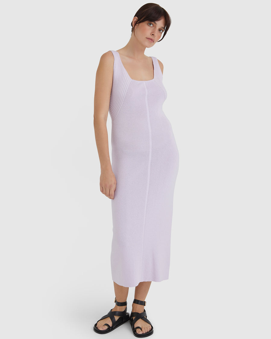 Minimalist wool knit dress in lilac with 90s-inspired rib details.