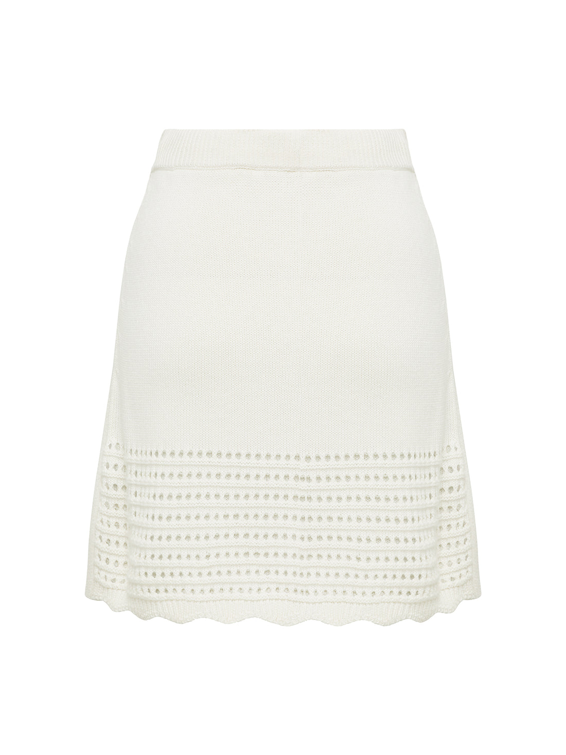 back view of mini crochet white skirt. 