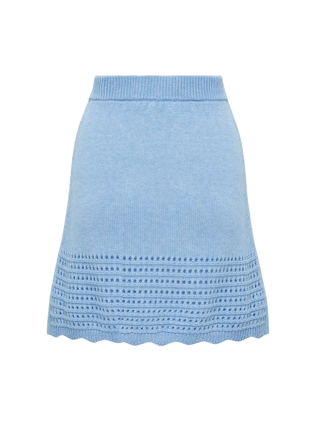 Back view of wool mini skirt in sky blue with scallop and pointelle details.