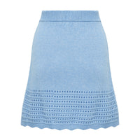 Back view of wool mini skirt in sky blue with scallop and pointelle details.