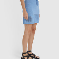 Stylish sky blue crochet skirt with jersey waistline, ideal for versatile styling.