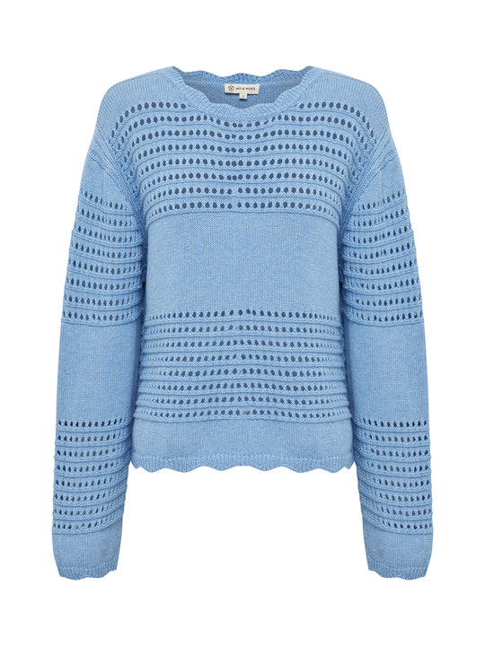 close up of the margot crochet sweater with crochet details and scalloped edging.