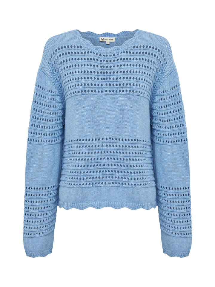 close up of the margot crochet sweater with crochet details and scalloped edging.