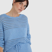 Seafoam Margot Crochet Sweater with crochet and ribbed panel design.