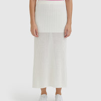 Cream Ruby Pointelle maxi skirt with ribbed pointelle stitch and stretchy waistband for comfort.
