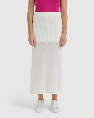 Cream Ruby Pointelle maxi skirt with ribbed pointelle stitch and stretchy waistband for comfort.
