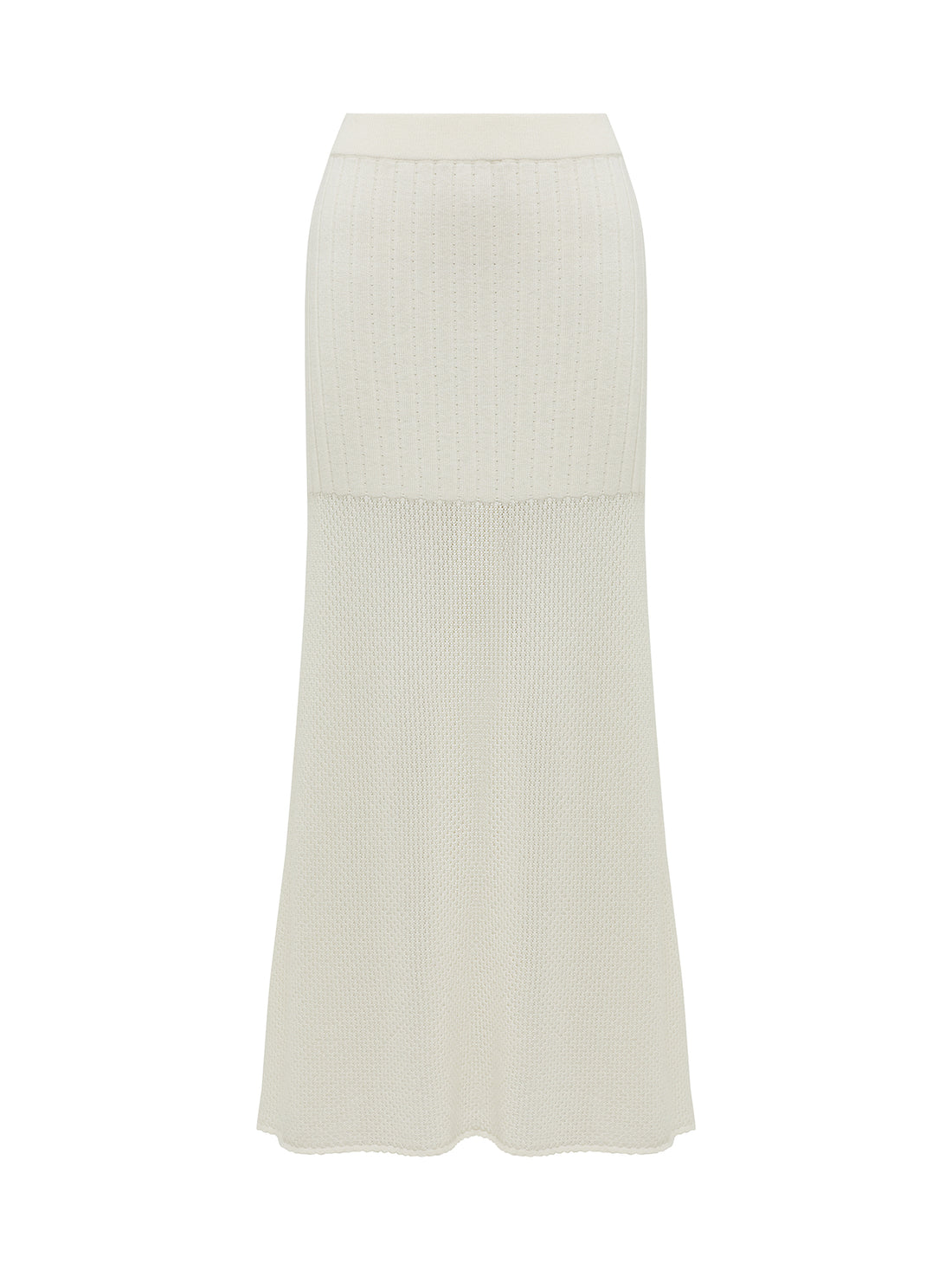 Close up of elegant white wool skirt with pointelle details.