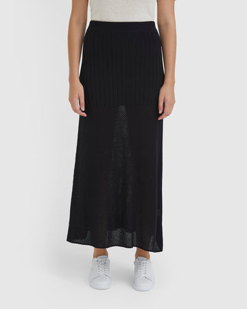 Black Ruby Pointelle maxi skirt with drawstring waist and pointelle hem.