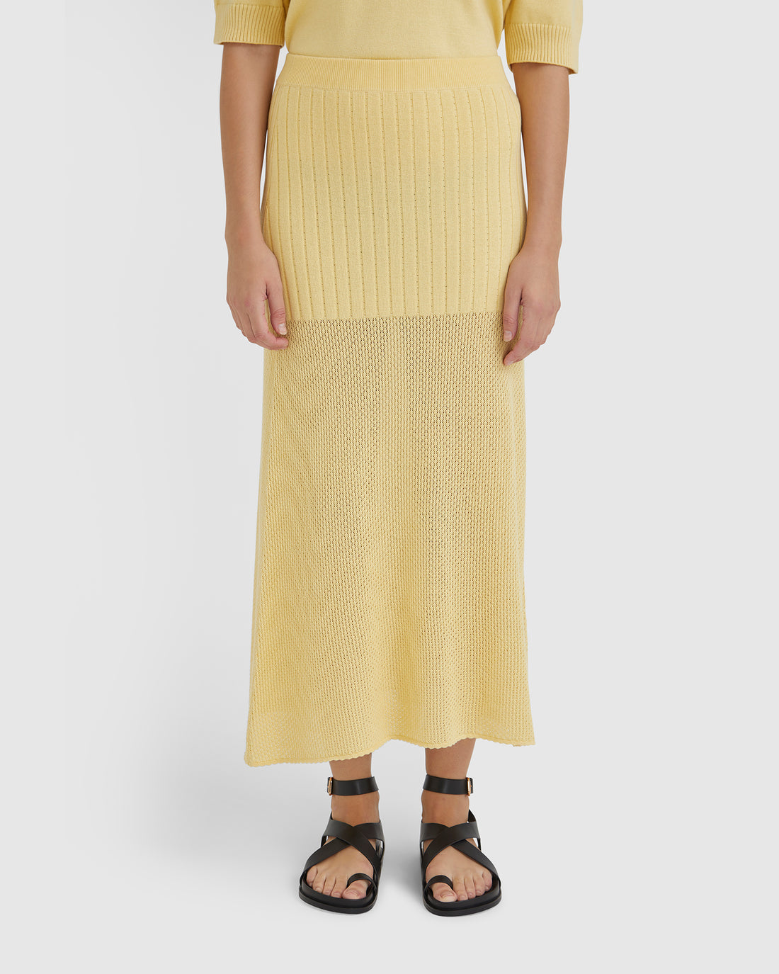 Maize Ruby Pointelle maxi skirt with ribbed pointelle stitch and Cream Ruby Pointelle maxi skirt with ribbed pointelle stitch and stretchy waistband for comfort