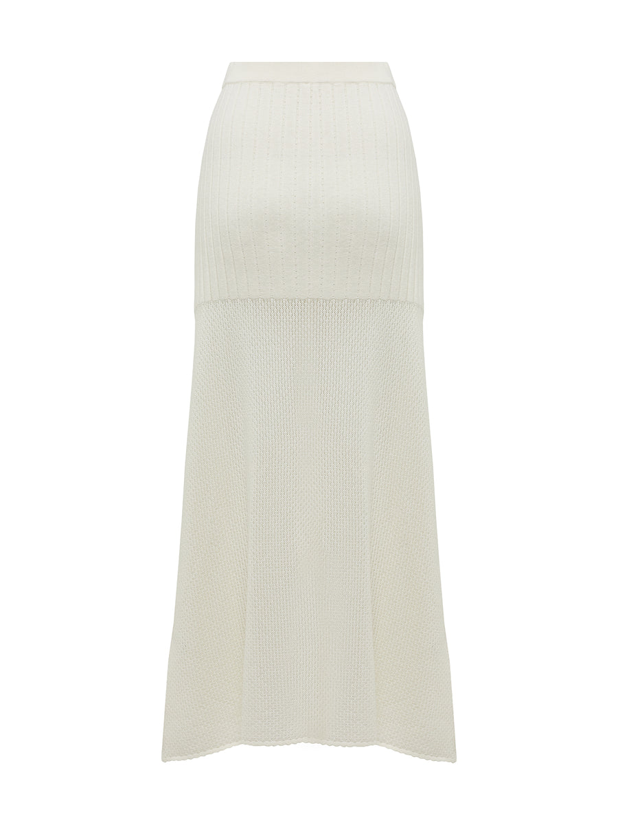 Back view of white wool pointelle skirt perfect for summer events.