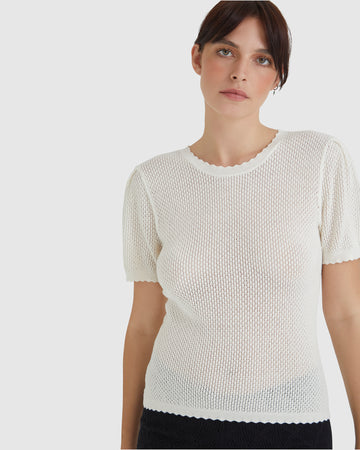 Ruby Pointelle top in cream with pointelle detailing and scalloped trims, in merino wool and cotton blend.