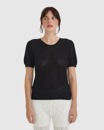 Ruby Pointelle top in black with intricate pointelle details and scalloped trims, crafted in a merino wool and cotton blend.