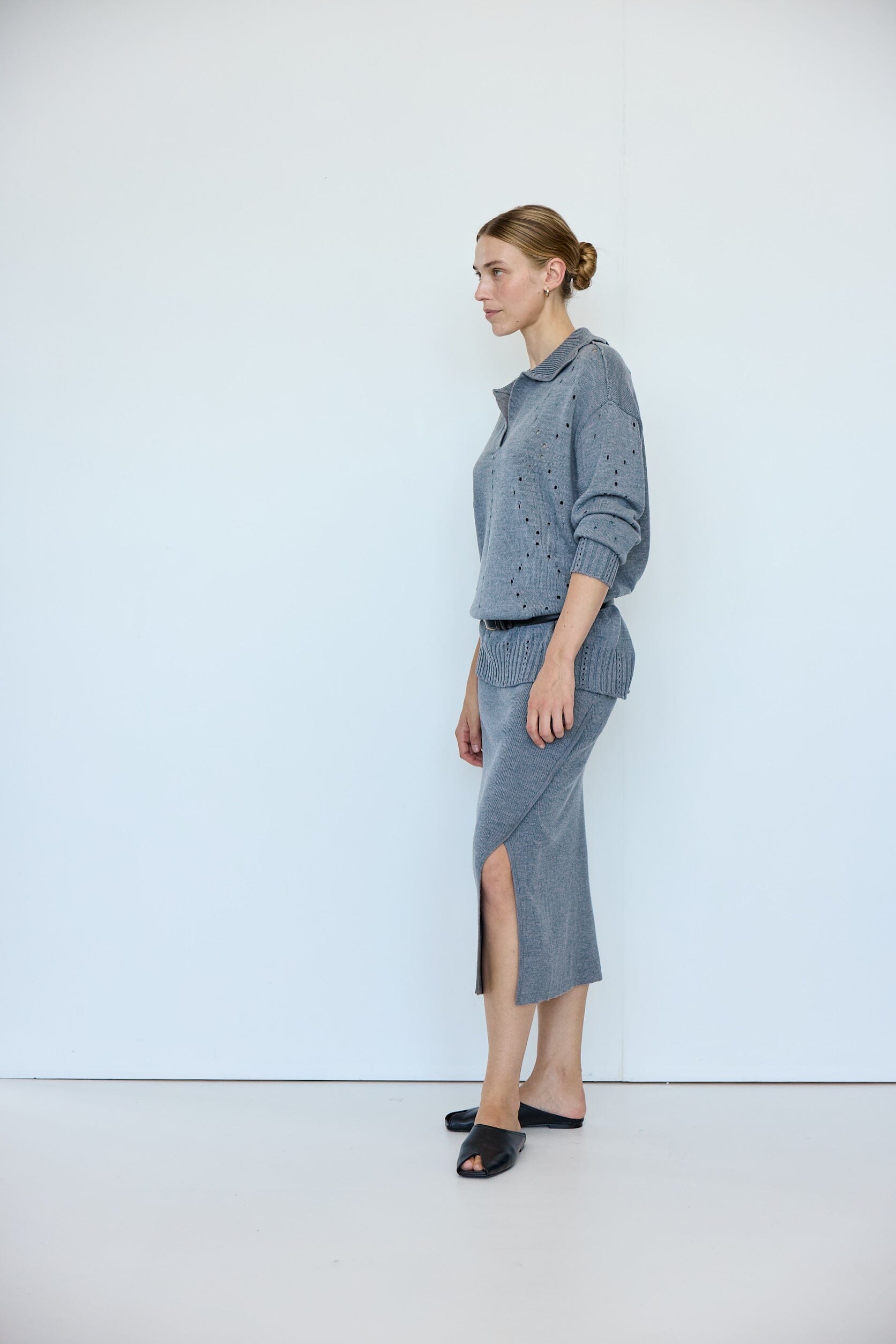 Asymmetric Ribbed Pencil Skirt Iris and Wool 