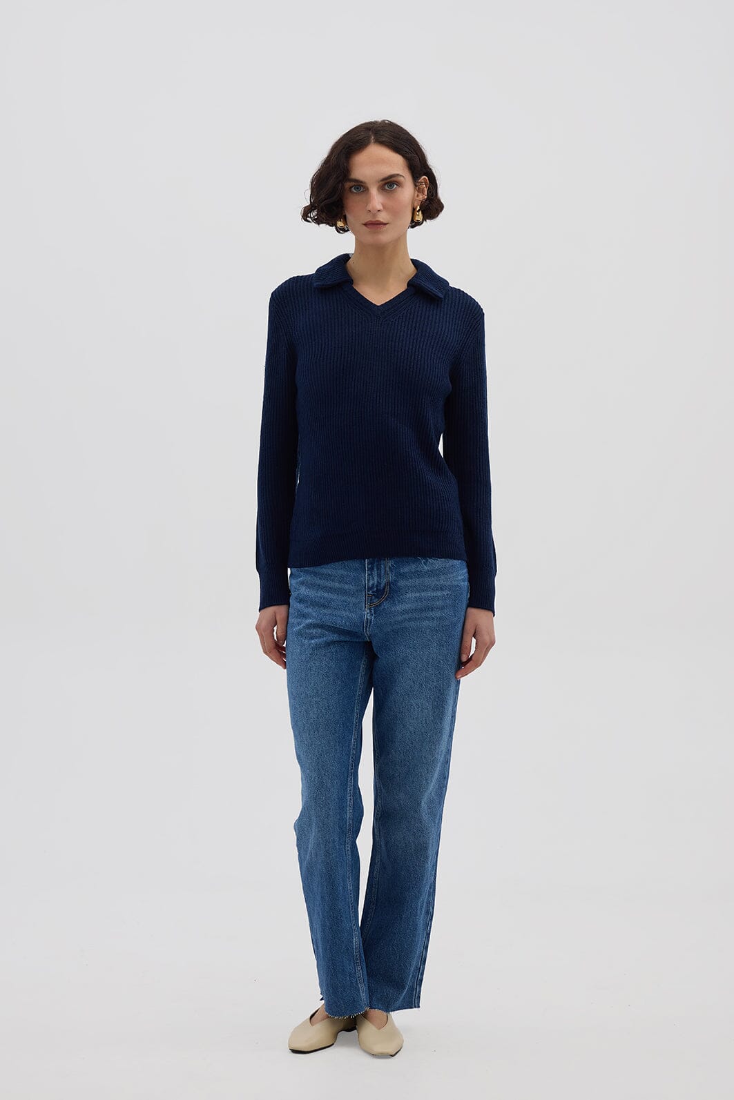 Collar V Neck Rib Sweater Knitwear Iris and Wool 