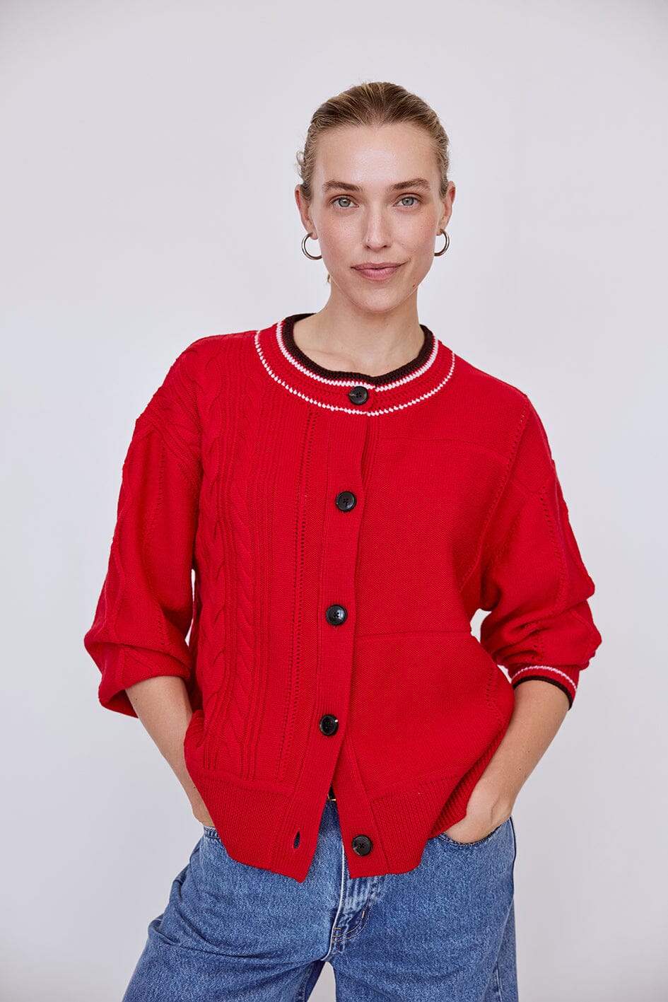 Crochet Stripe Neck Interest Cardigan Iris and Wool 