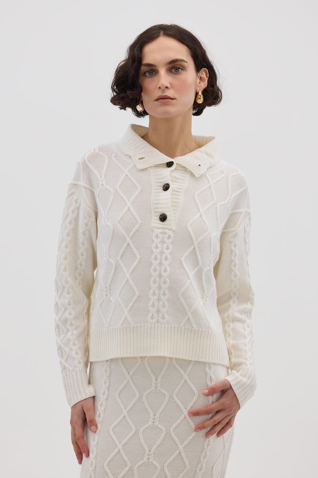 Heart Cable Button Neck Knitwear Iris and Wool 