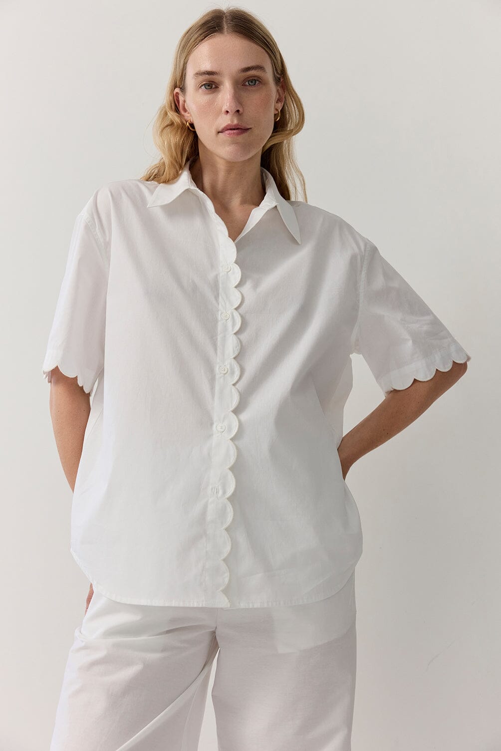 Poplin Scallop Edge Short Sleeve Shirt Shirts & Tops Iris and Wool 