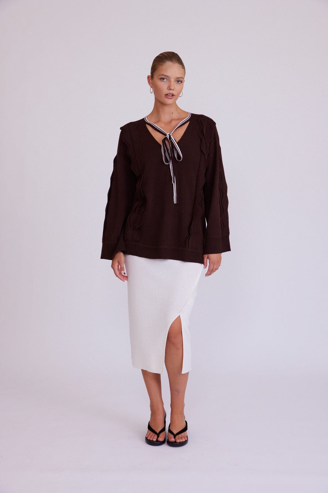 Tie Neck Scallop Trim Tunic Iris and Wool 