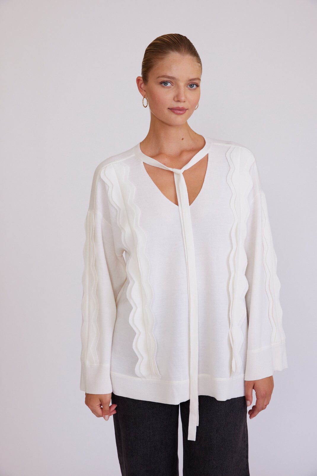 Tie Neck Scallop Trim Tunic Iris and Wool 