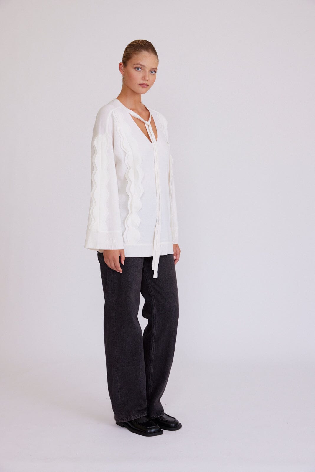 Tie Neck Scallop Trim Tunic Iris and Wool 