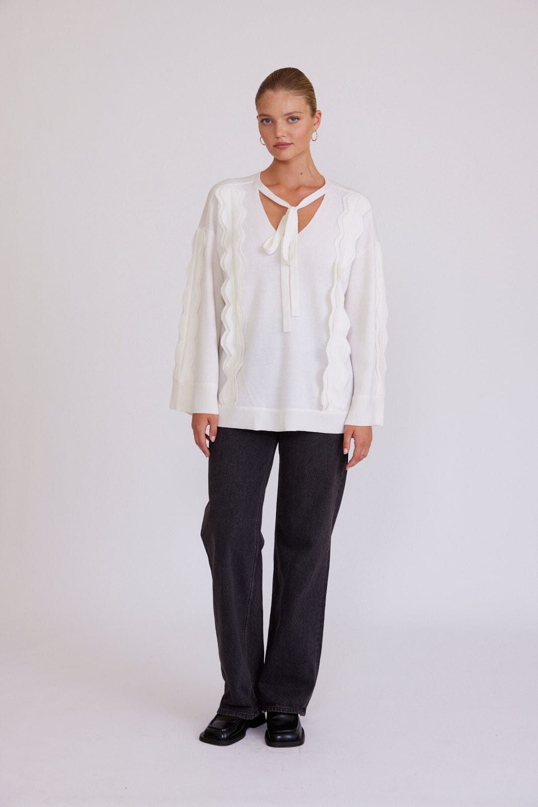 Tie Neck Scallop Trim Tunic Iris and Wool 