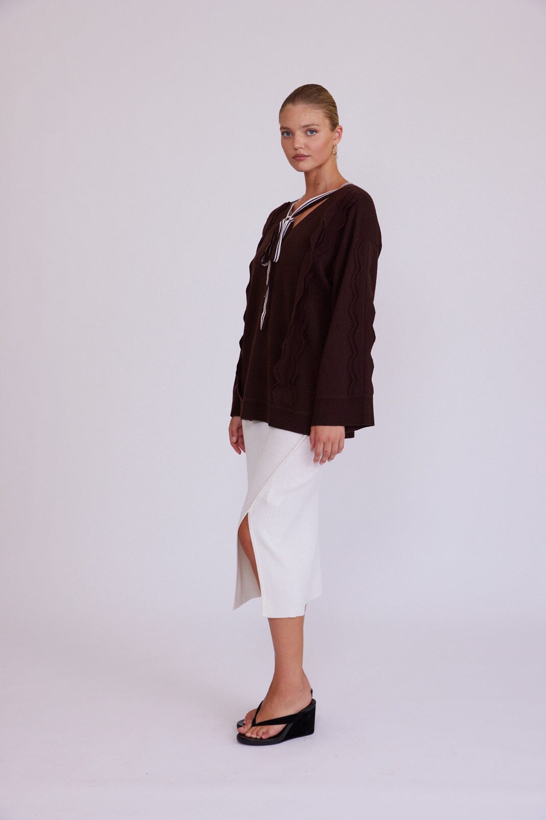 Tie Neck Scallop Trim Tunic Iris and Wool 