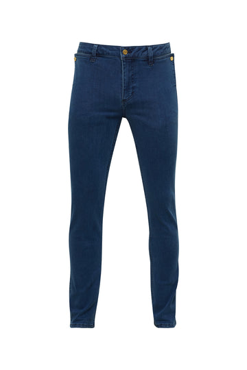 Close-up of Iris & Wool branded hardware on Elephant Ear jeans.